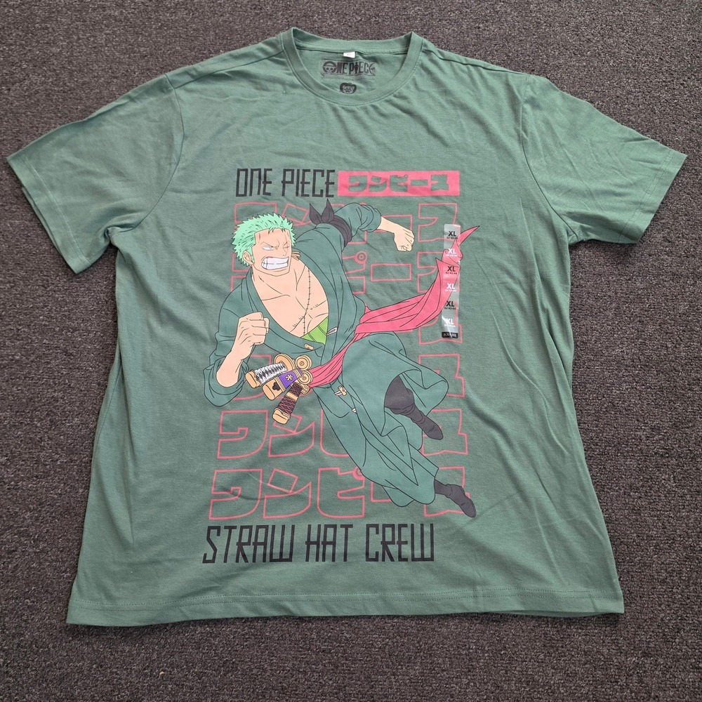 Kiabi One Piece T-Shirt Mens XL Green Roronoa Zoro Straw Hat Crew Anime Graphic
